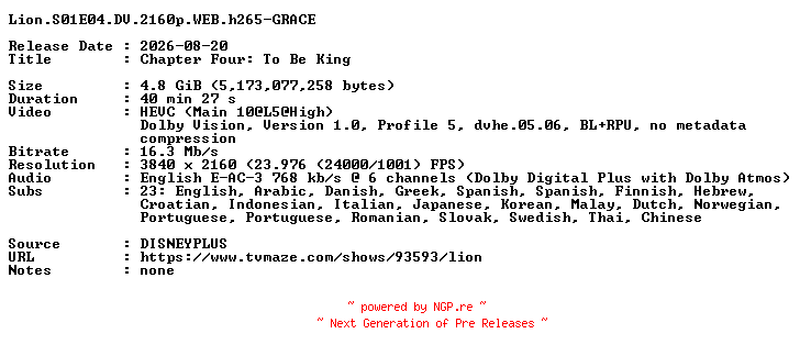 NFO for the release Lion.S01E04.DV.2160p.WEB.h265-GRACE by GRACE