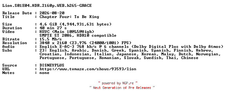 NFO for the release Lion.S01E04.HDR.2160p.WEB.h265-GRACE by GRACE
