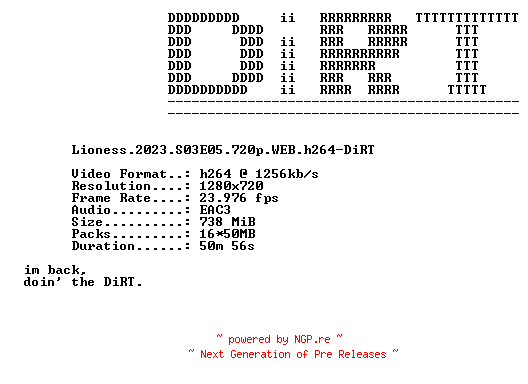 NFO for the release Lioness.2023.S03E05.720p.WEB.h264-DiRT by DiRT