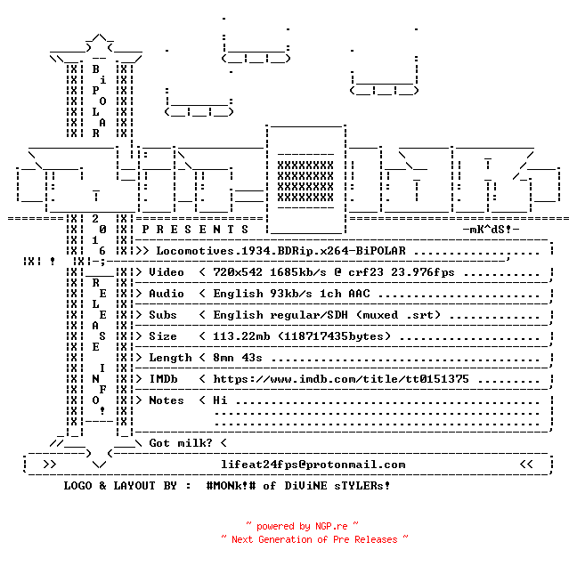 NFO for the release Locomotives.1934.BDRip.x264-BiPOLAR by BiPOLAR