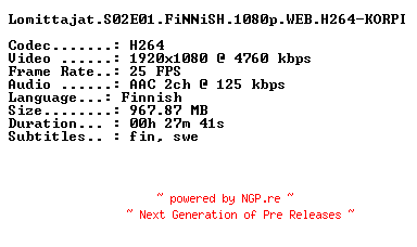 NFO for the release Lomittajat.S02E01.FiNNiSH.1080p.WEB.H264-KORPI by KORPI