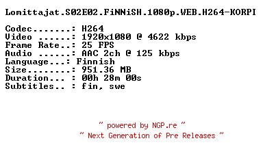 NFO for the release Lomittajat.S02E02.FiNNiSH.1080p.WEB.H264-KORPI by KORPI