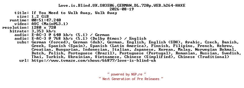 NFO for the release Love.is.Blind.UK.S03E06.GERMAN.DL.720p.WEB.h264-HAXE by HAXE