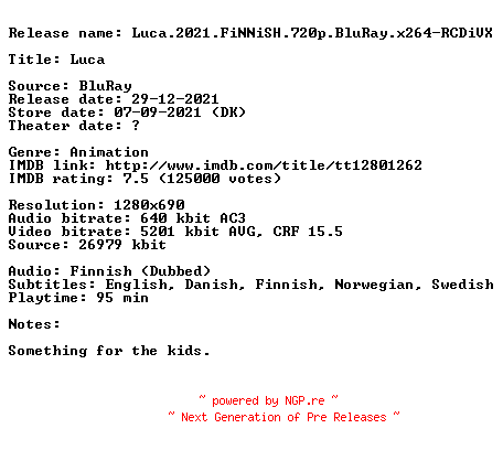 NFO for the release Luca.2021.FiNNiSH.720p.BluRay.x264-RCDiVX by RCDiVX