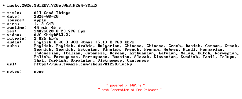 NFO for the release Lucky.2026.S01E07.720p.WEB.H264-SYLiX by SYLiX