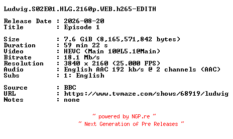NFO for the release Ludwig.S02E01.HLG.2160p.WEB.h265-EDITH by EDITH