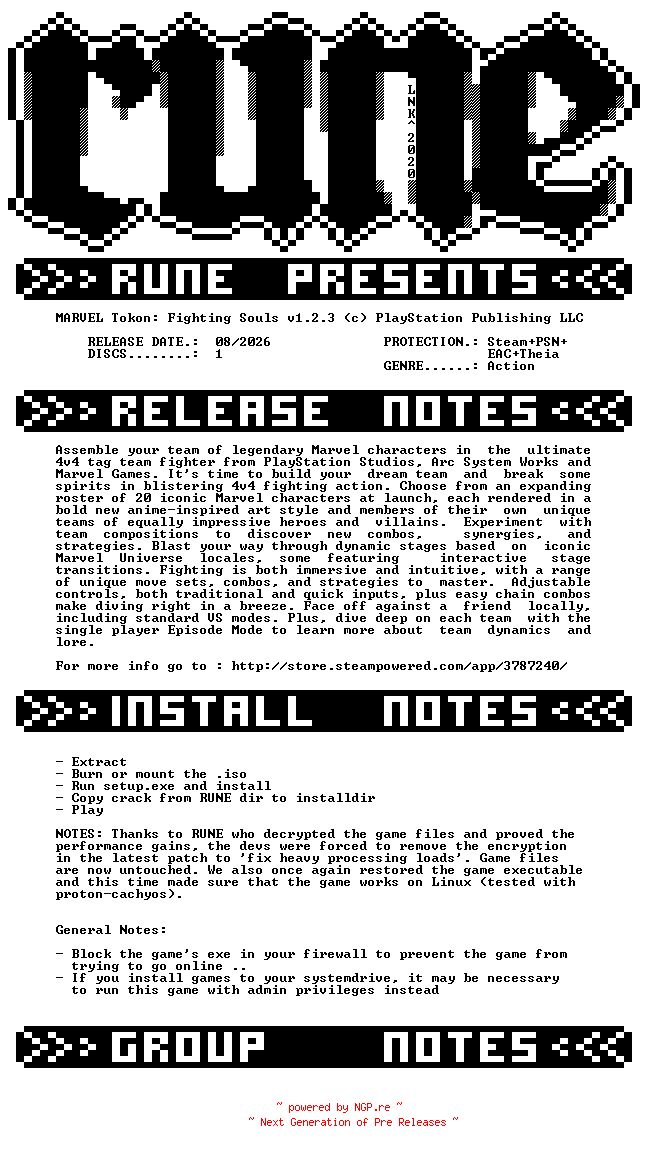 NFO for the release MARVEL.Tokon.Fighting.Souls.v1.2.3-RUNE by RUNE