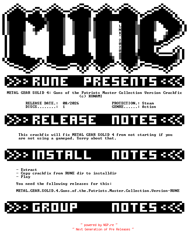 NFO for the release METAL.GEAR.SOLID.4.Guns.of.the.Patriots.Master.Collection.Version.Crackfix-RUNE by RUNE