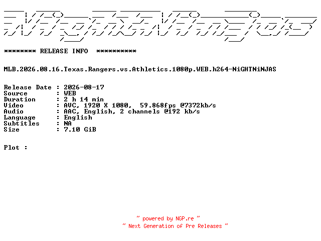 NFO for the release MLB.2026.08.16.Texas.Rangers.vs.Athletics.1080p.WEB.h264-NiGHTNiNJAS by NiGHTNiNJAS