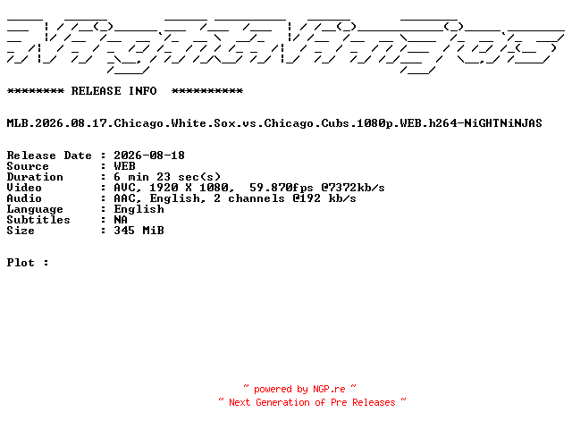 NFO for the release MLB.2026.08.17.Chicago.White.Sox.vs.Chicago.Cubs.1080p.WEB.h264-NiGHTNiNJAS by NiGHTNiNJAS
