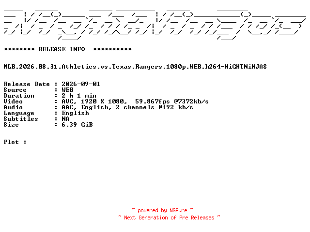 NFO for the release MLB.2026.08.31.Athletics.vs.Texas.Rangers.1080p.WEB.h264-NiGHTNiNJAS by NiGHTNiNJAS