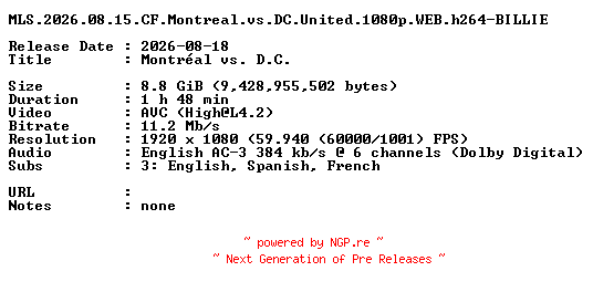 NFO for the release MLS.2026.08.15.CF.Montreal.vs.DC.United.1080p.WEB.h264-BILLIE by BILLIE