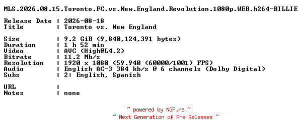 NFO for the release MLS.2026.08.15.Toronto.FC.vs.New.England.Revolution.1080p.WEB.h264-BILLIE by BILLIE