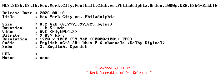 NFO for the release MLS.2026.08.16.New.York.City.Football.Club.vs.Philadelphia.Union.1080p.WEB.h264-BILLIE by BILLIE