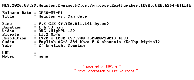 NFO for the release MLS.2026.08.29.Houston.Dynamo.FC.vs.San.Jose.Earthquakes.1080p.WEB.h264-BILLIE by BILLIE