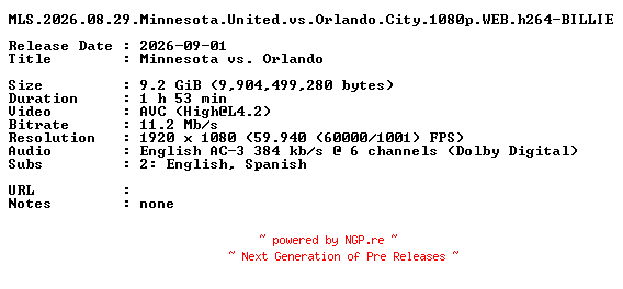 NFO for the release MLS.2026.08.29.Minnesota.United.vs.Orlando.City.1080p.WEB.h264-BILLIE by BILLIE