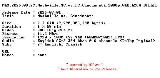 NFO for the release MLS.2026.08.29.Nashville.SC.vs.FC.Cincinnati.1080p.WEB.h264-BILLIE by BILLIE