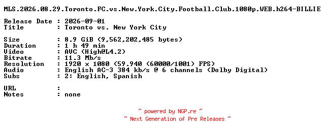 NFO for the release MLS.2026.08.29.Toronto.FC.vs.New.York.City.Football.Club.1080p.WEB.h264-BILLIE by BILLIE