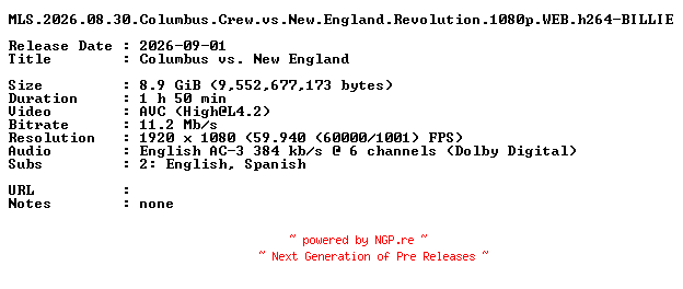NFO for the release MLS.2026.08.30.Columbus.Crew.vs.New.England.Revolution.1080p.WEB.h264-BILLIE by BILLIE