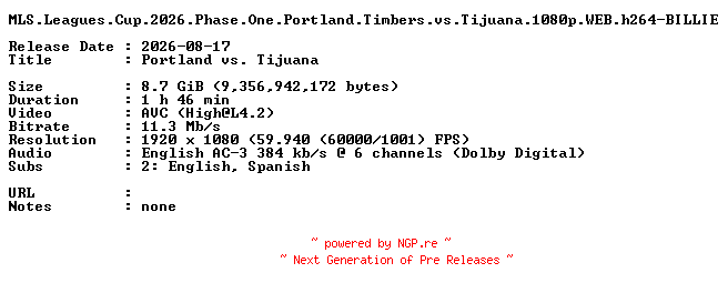 NFO for the release MLS.Leagues.Cup.2026.Phase.One.Portland.Timbers.vs.Tijuana.1080p.WEB.h264-BILLIE by BILLIE