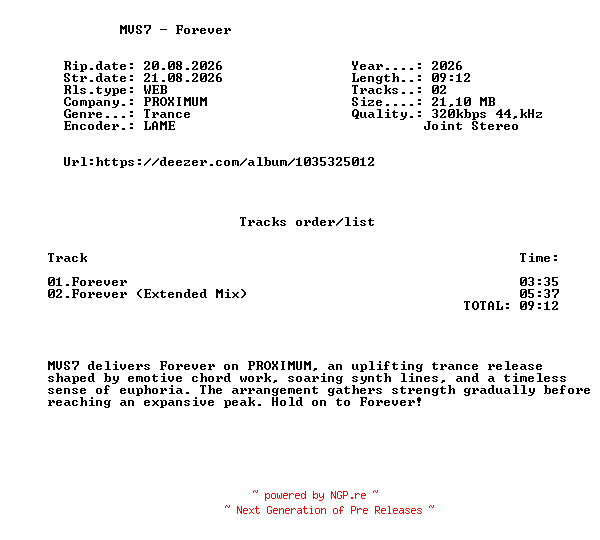 NFO for the release MVS7_-_Forever-(PXM105)-WEB-2026-FMC by FMC