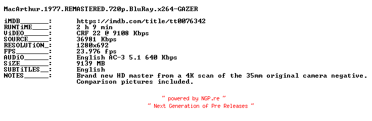 NFO for the release MacArthur.1977.REMASTERED.720p.BluRay.x264-GAZER by GAZER