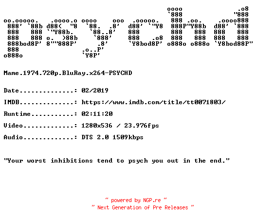 NFO for the release Mame.1974.720p.BluRay.x264-PSYCHD by PSYCHD