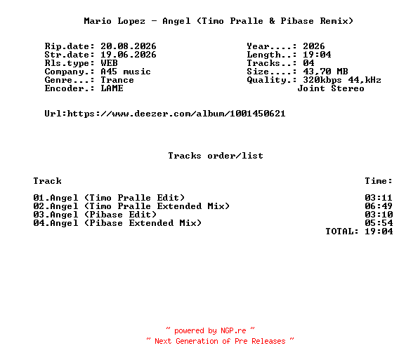 NFO for the release Mario_Lopez_-_Angel_(Timo_Pralle_And_Pibase_Remix)-WEB-2026-FMC by FMC