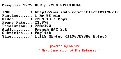 NFO for the release Marquise.1997.BDRip.x264-SPECTACLE by SPECTACLE