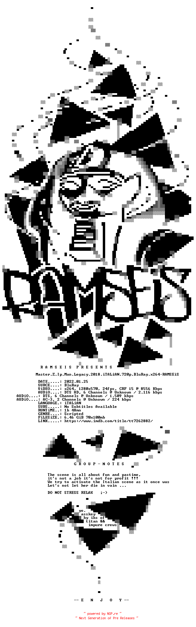 NFO for the release Master.Z.Ip.Man.Legacy.2018.iTALiAN.720p.BluRay.x264-RAMSEiS by RAMSEiS
