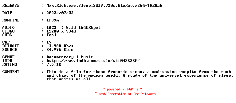 NFO for the release Max.Richters.Sleep.2019.720p.BluRay.x264-TREBLE by TREBLE