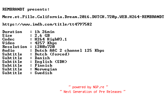NFO for the release Mere.et.Fille.California.Dream.2016.DUTCH.720p.WEB.H264-REMBRANDT by REMBRANDT