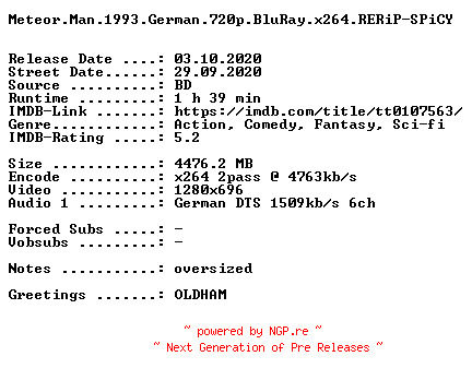 NFO for the release Meteor.Man.1993.German.720p.BluRay.x264.RERiP-SPiCY by SPiCY