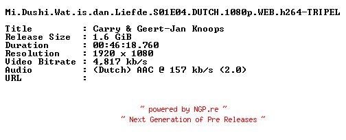 NFO for the release Mi.Dushi.Wat.is.dan.Liefde.S01E04.DUTCH.1080p.WEB.h264-TRIPEL by TRIPEL