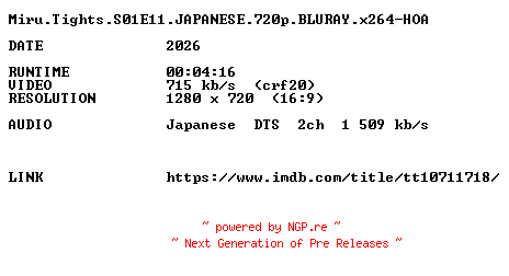 NFO for the release Miru.Tights.S01E11.JAPANESE.720p.BLURAY.x264-HOA by HOA