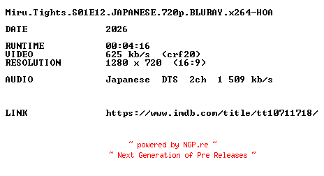 NFO for the release Miru.Tights.S01E12.JAPANESE.720p.BLURAY.x264-HOA by HOA