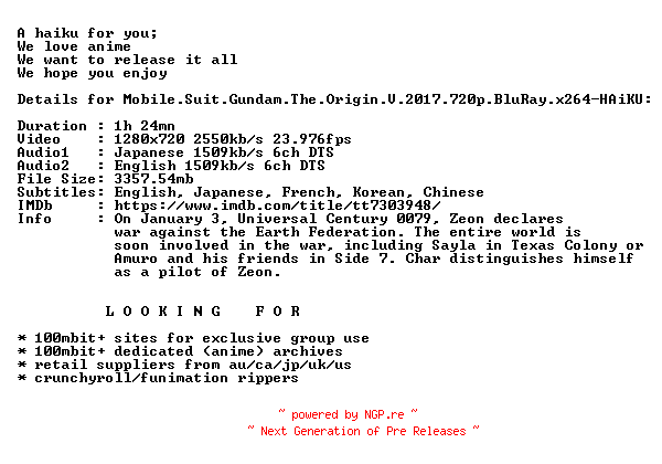NFO for the release Mobile.Suit.Gundam.The.Origin.V.2017.720p.BluRay.x264-HAiKU by HAiKU