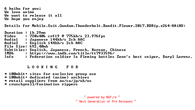 NFO for the release Mobile.Suit.Gundam.Thunderbolt.Bandit.Flower.2017.BDRip.x264-HAiKU by HAiKU