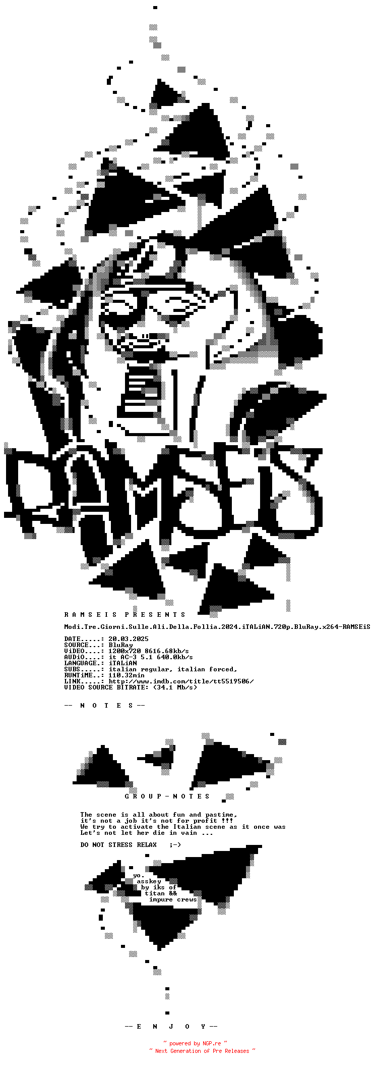 NFO for the release Modi.Tre.Giorni.Sulle.Ali.Della.Follia.2024.iTALiAN.720p.BluRay.x264-RAMSEiS by RAMSEiS