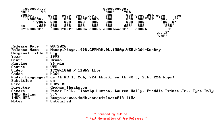 NFO for the release Money.Kings.1998.GERMAN.DL.1080p.WEB.H264-SunDry by SunDry