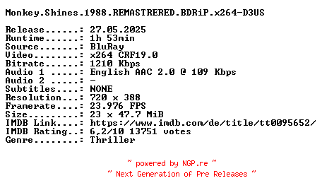 NFO for the release Monkey.Shines.1988.REMASTRERED.BDRiP.x264-D3US by D3US