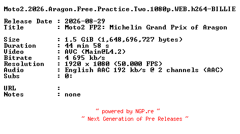 NFO for the release Moto2.2026.Aragon.Free.Practice.Two.1080p.WEB.h264-BILLIE by BILLIE