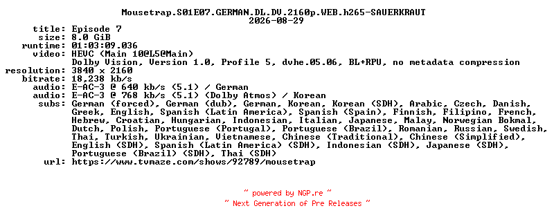 NFO for the release Mousetrap.S01E07.GERMAN.DL.DV.2160p.WEB.h265-SAUERKRAUT by SAUERKRAUT