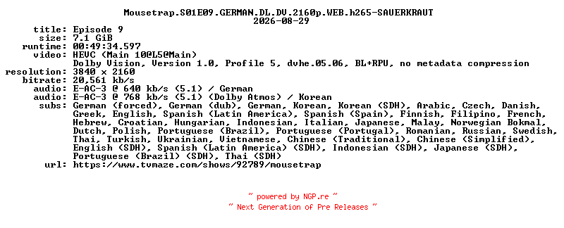 NFO for the release Mousetrap.S01E09.GERMAN.DL.DV.2160p.WEB.h265-SAUERKRAUT by SAUERKRAUT