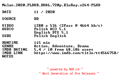 NFO for the release Mulan.2020.PLDUB.DUAL.720p.BluRay.x264-PLHD by PLHD