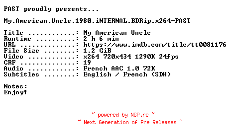 NFO for the release My.American.Uncle.1980.iNTERNAL.BDRip.x264-PAST by PAST
