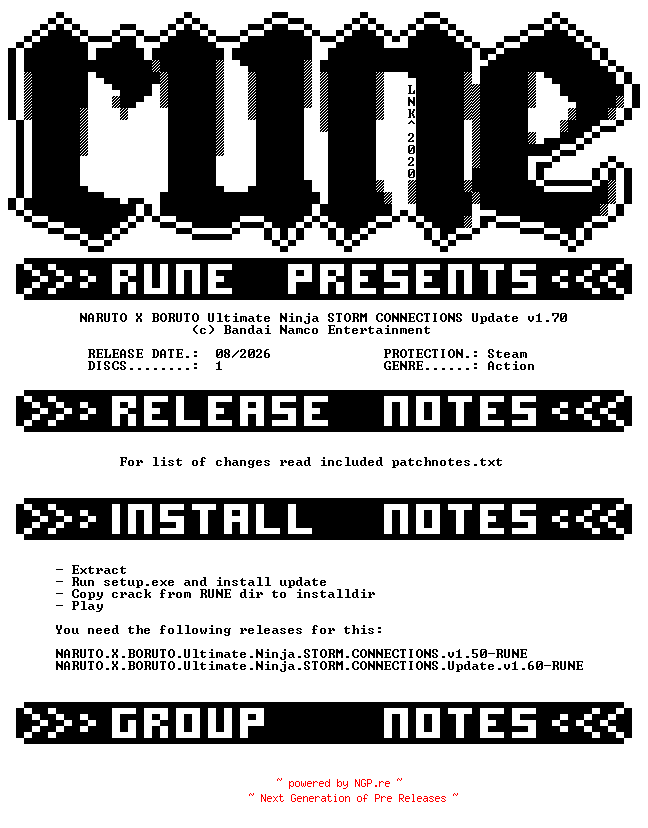 NFO for the release NARUTO.X.BORUTO.Ultimate.Ninja.STORM.CONNECTIONS.Update.v1.70-RUNE by RUNE