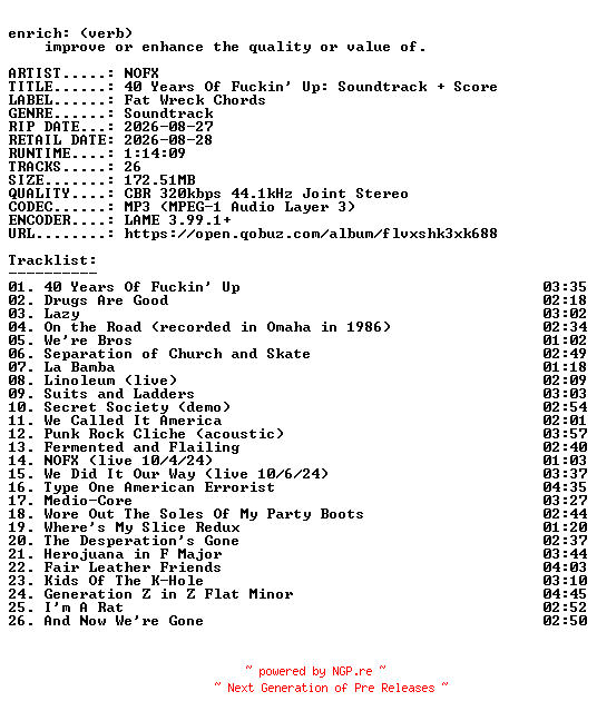 NFO for the release NOFX-40_Years_Of_Fuckin_Up_Soundtrack__Score-OST-WEB-2026-ENRiCH by ENRiCH