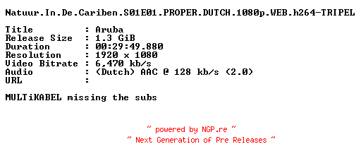 NFO for the release Natuur.In.De.Cariben.S01E01.PROPER.DUTCH.1080p.WEB.h264-TRIPEL by TRIPEL