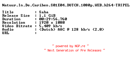 NFO for the release Natuur.In.De.Cariben.S01E04.DUTCH.1080p.WEB.h264-TRIPEL by TRIPEL